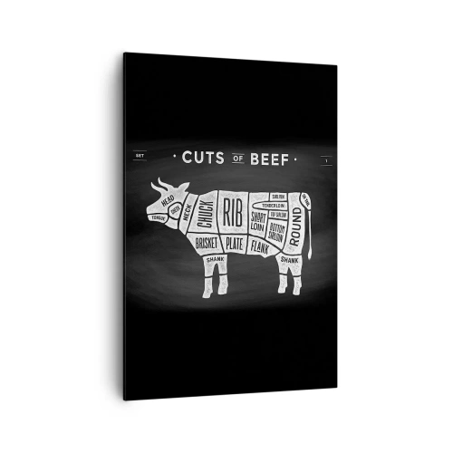 Cuadro sobre lienzo - Impresión de Imagen - Diagrama de cortes de carne de res sobre un fondo negro - 70x100cm - Manual del carnicero - Decoración de pared moderna para salón y dormitorio ARTTOR
