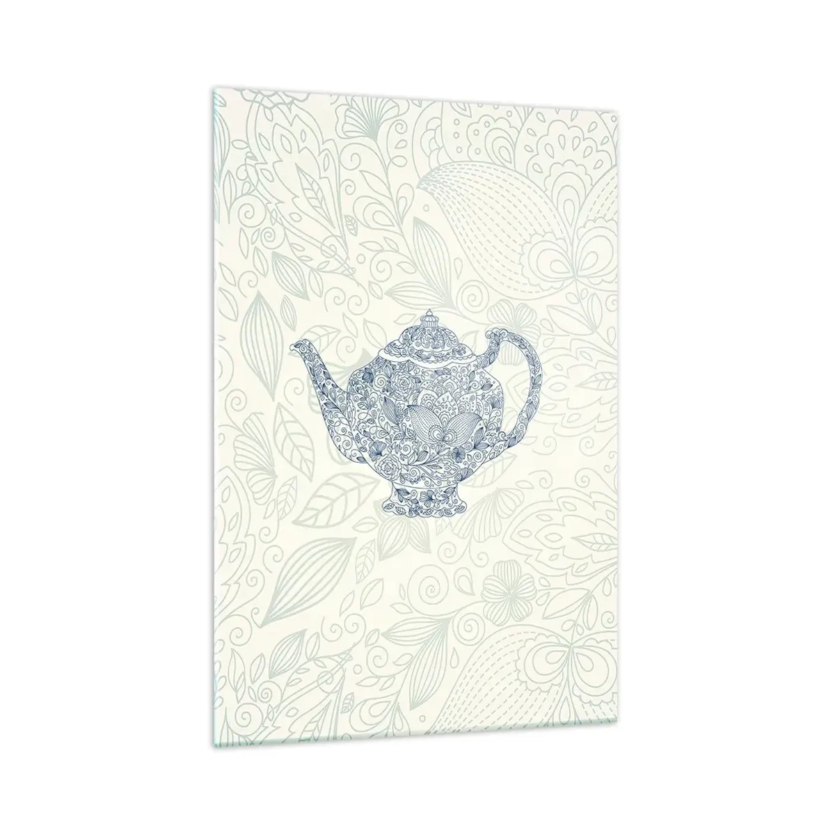 Cuadro sobre vidrio - Impresiones sobre Vidrio - Dibujo decorativo de una tetera con adornos azules. - 70x100cm - El encanto del té - Decoración de pared moderna para salón y dormitorio ARTTOR