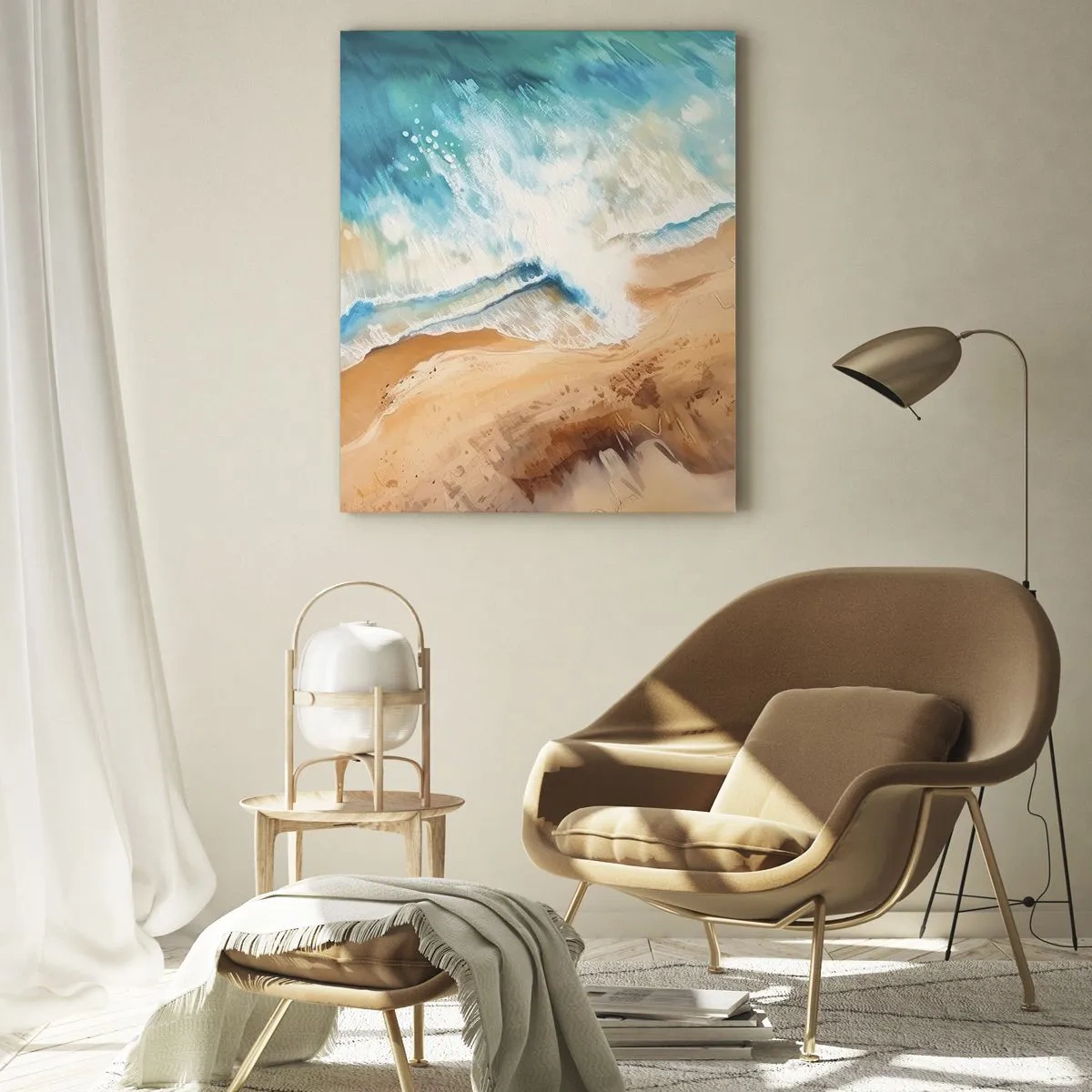 Cuadro sobre vidrio - Impresiones sobre Vidrio - Una vista de pájaro de una ola de mar azul rompiendo contra una orilla arenosa. - 50x70cm - Olas recurrentes - Decoración de pared moderna para salón y dormitorio ARTTOR