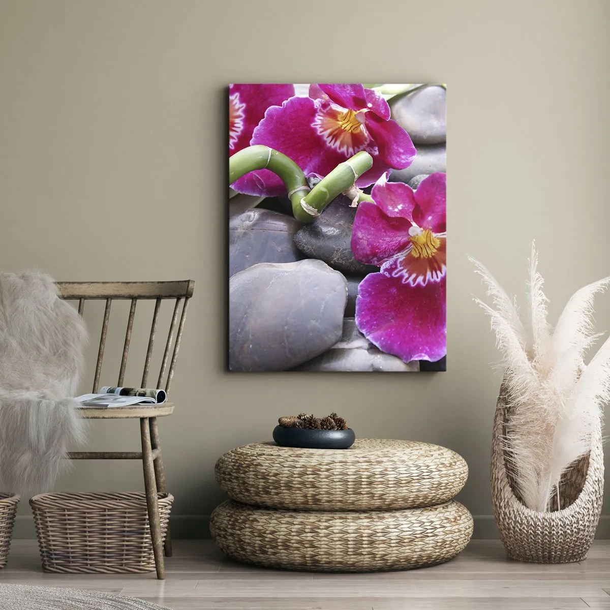 Cuadro sobre lienzo - Impresión de Imagen - Orquídeas rosas sobre un fondo de piedras lisas. - 80x120cm - Frío y calor - Decoración de pared moderna para salón y dormitorio ARTTOR