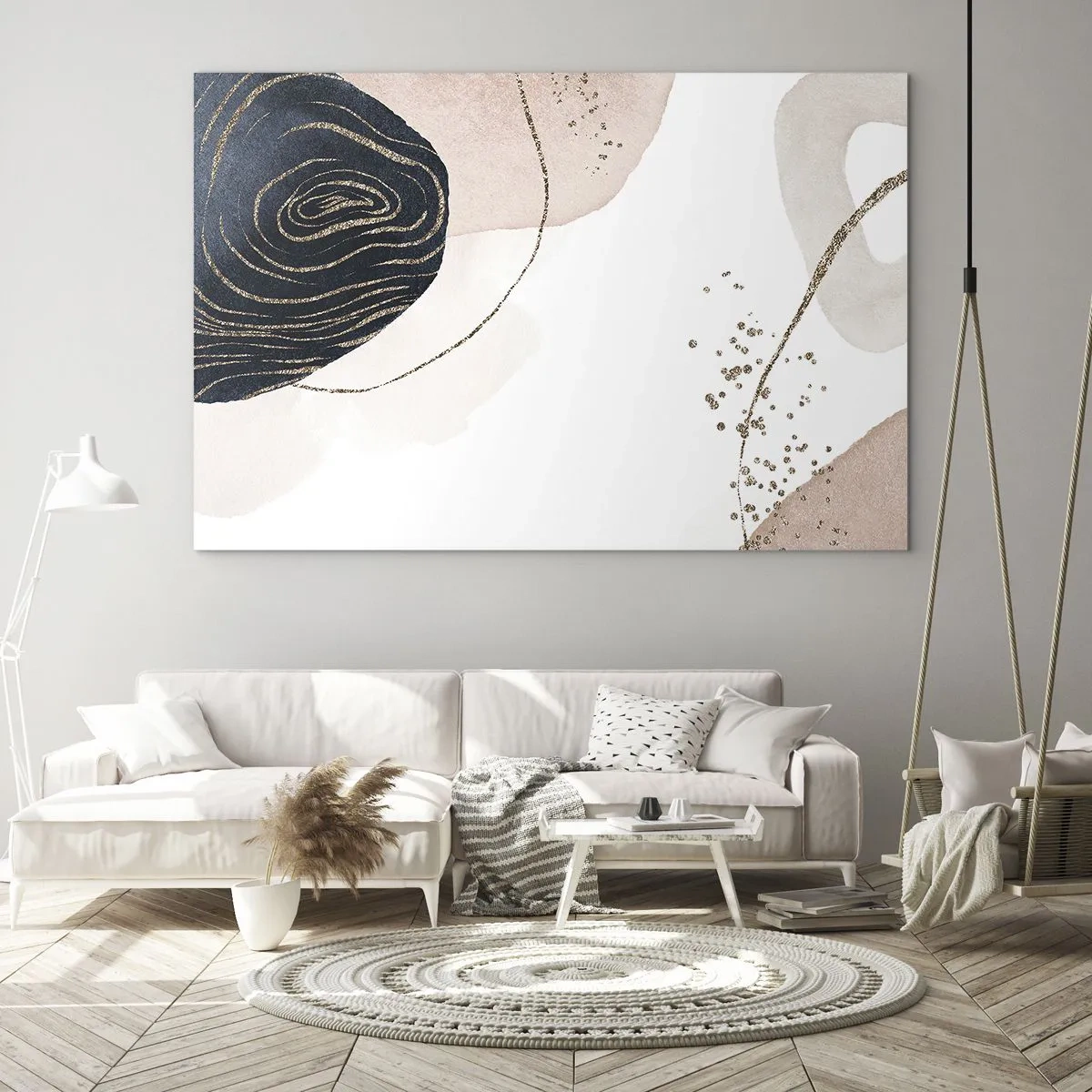 Cuadro sobre vidrio - Impresiones sobre Vidrio - Formas abstractas con acentos dorados - 100x70cm - Todo fluye - Decoración de pared moderna para salón y dormitorio ARTTOR