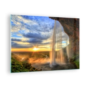 Cuadro sobre vidrio - Impresiones sobre Vidrio - Cascada con vista al atardecer y al valle. - 70x50cm - El mundo tras el velo de las gotas - Decoración de pared moderna para salón y dormitorio ARTTOR