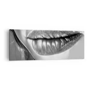 Cuadro sobre lienzo - Impresión de Imagen - Primer plano en blanco y negro de los labios de una mujer con efecto brillante y detalles. - 140x50cm - Sé lo que estás pensando... - Decoración de pared moderna para salón y dormitorio ARTTOR