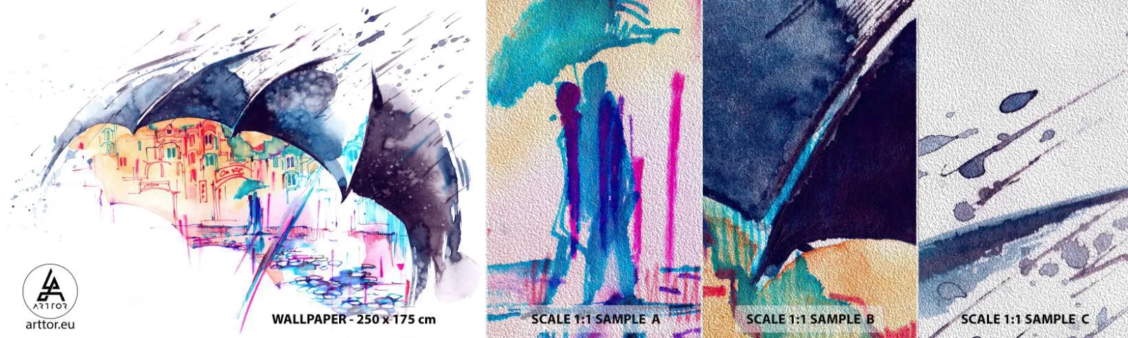 Muestra de fotomural Premium Sand - Caminando bajo la lluvia - Abstracción, Paraguas, Arquitectura - 100x30 cm