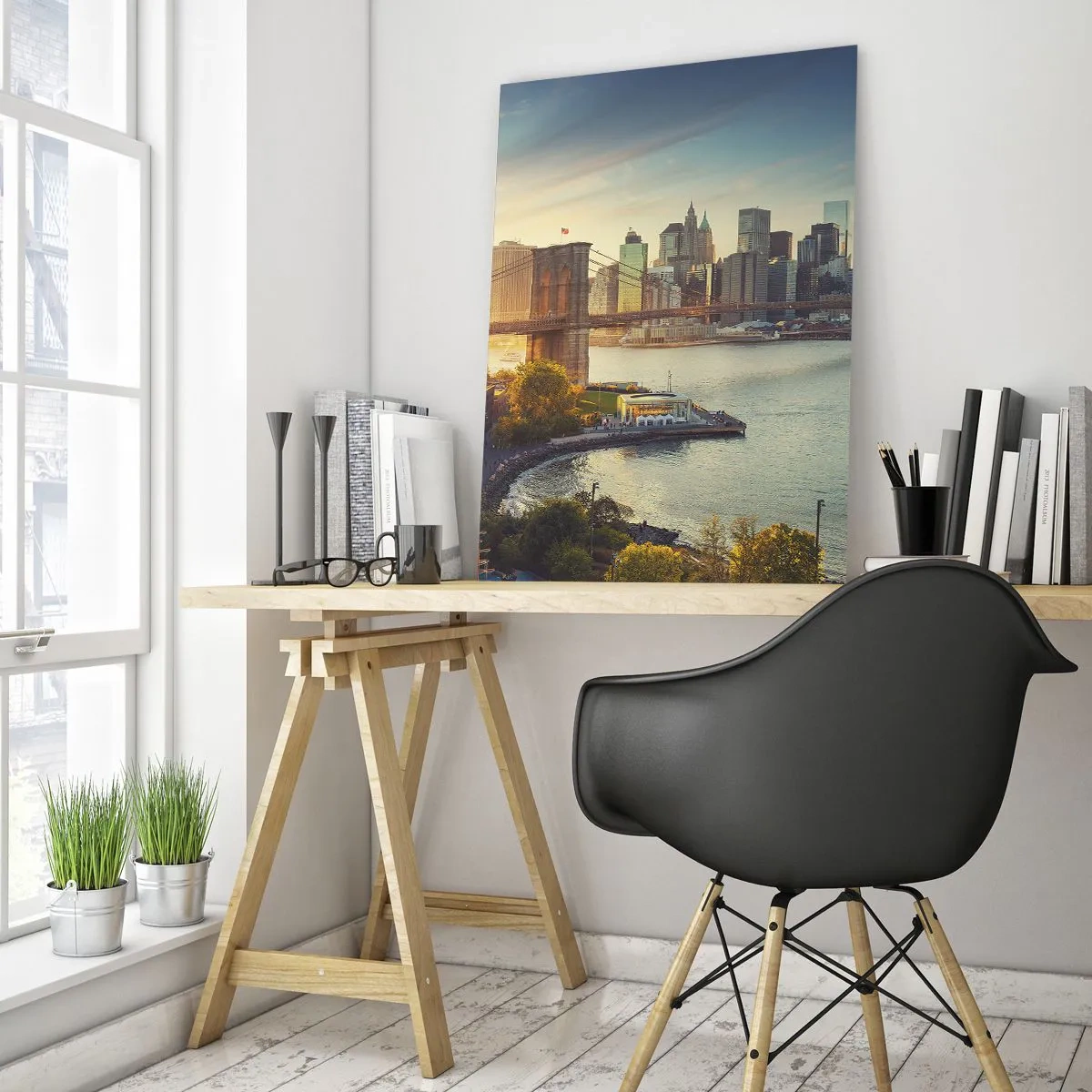 Cuadro sobre vidrio - Impresiones sobre Vidrio - Panorama de la ciudad con el puente al atardecer - 70x100cm - El amanecer de la gran ciudad - Decoración de pared moderna para salón y dormitorio ARTTOR