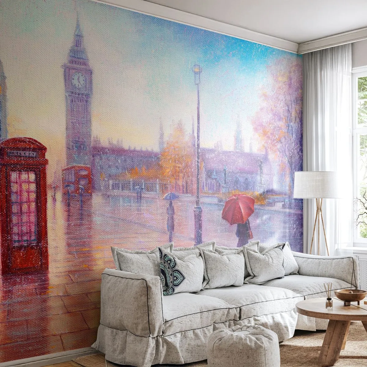 Fotomural Premium Sand - Calle romántica de Londres bajo la lluvia con un paraguas rojo - 100x70cm - Un día de otoño en Londres - Decoración de pared moderna para salón y dormitorio ARTTOR