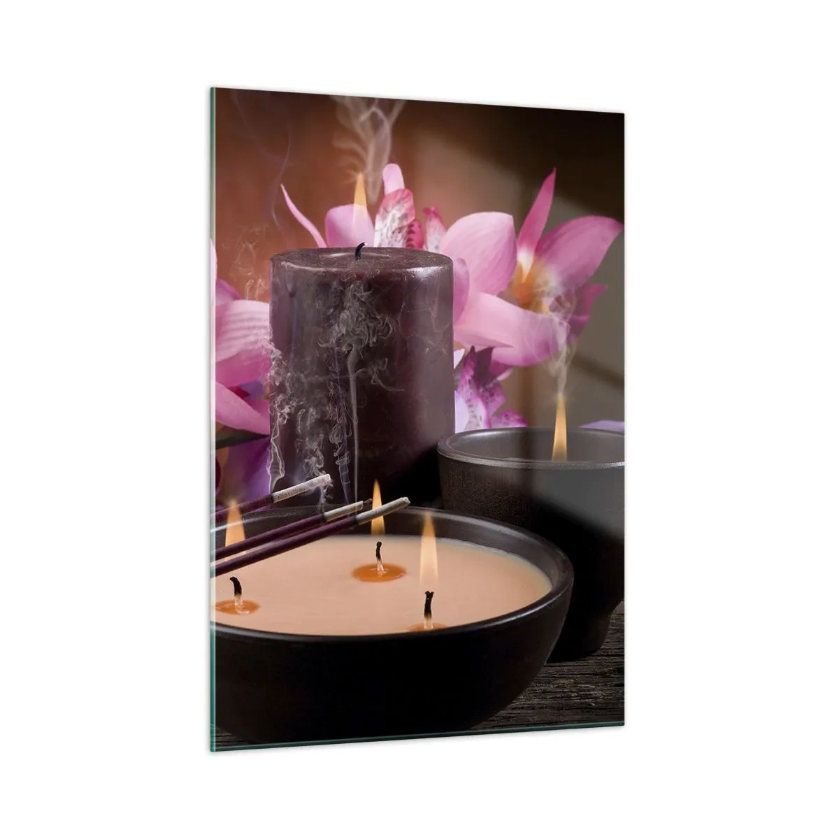 Cuadro sobre vidrio - Impresiones sobre Vidrio - Composición de relajación con Buda, velas y flores. - 50x70cm - Despejar la mente, calmar el cuerpo - Decoración de pared moderna para salón y dormitorio ARTTOR