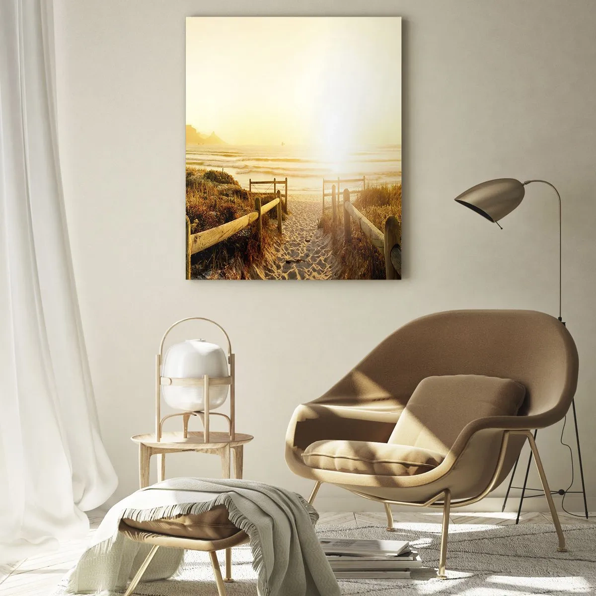 Cuadro sobre vidrio - Impresiones sobre Vidrio - Camino a la playa durante un atardecer dorado - 70x100cm - A través de la duna, hacia el sol - Decoración de pared moderna para salón y dormitorio ARTTOR
