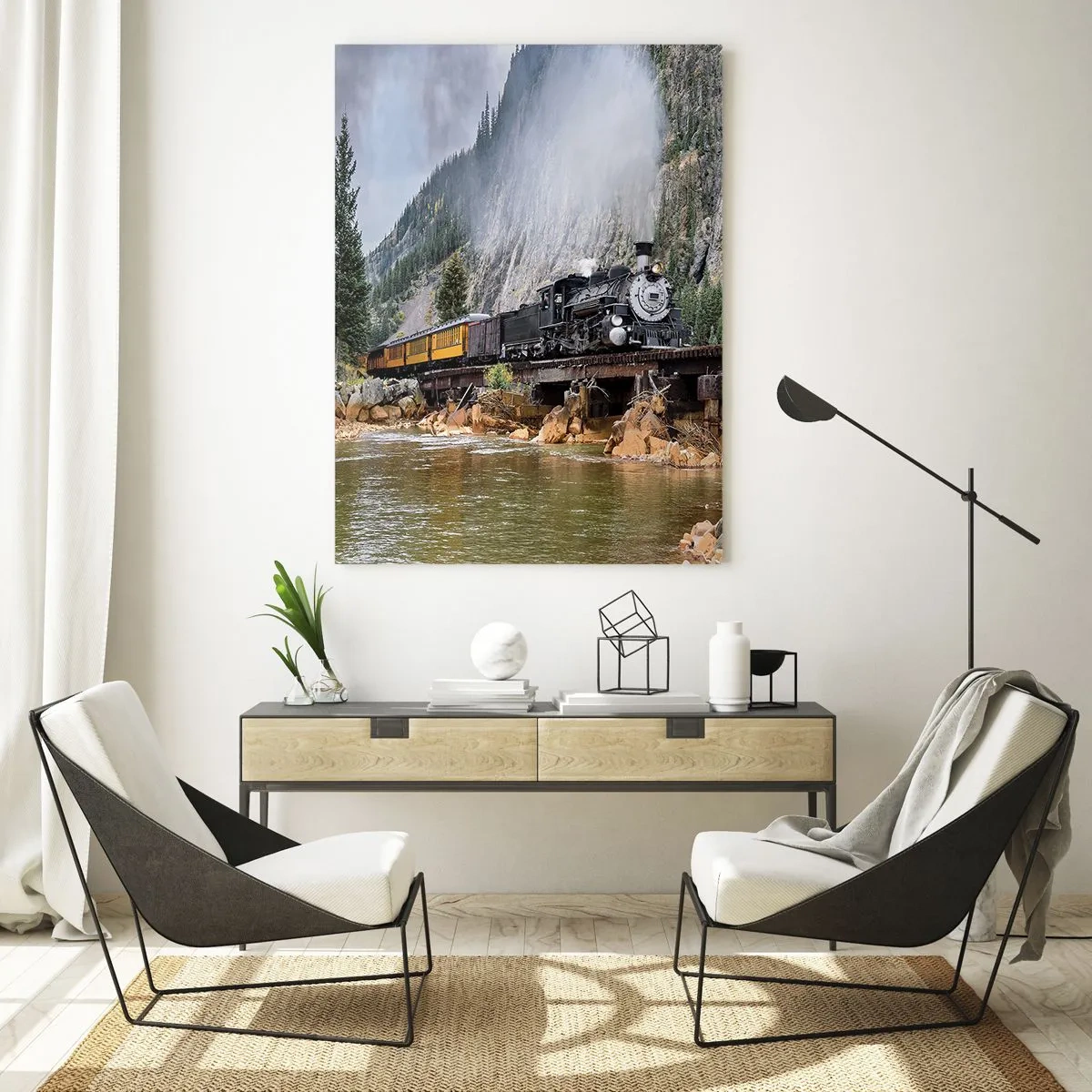 Cuadro sobre vidrio - Impresiones sobre Vidrio - Una locomotora de vapor en un puente en un pintoresco paisaje montañoso. - 80x120cm - ¿Adónde me llevas? - Decoración de pared moderna para salón y dormitorio ARTTOR