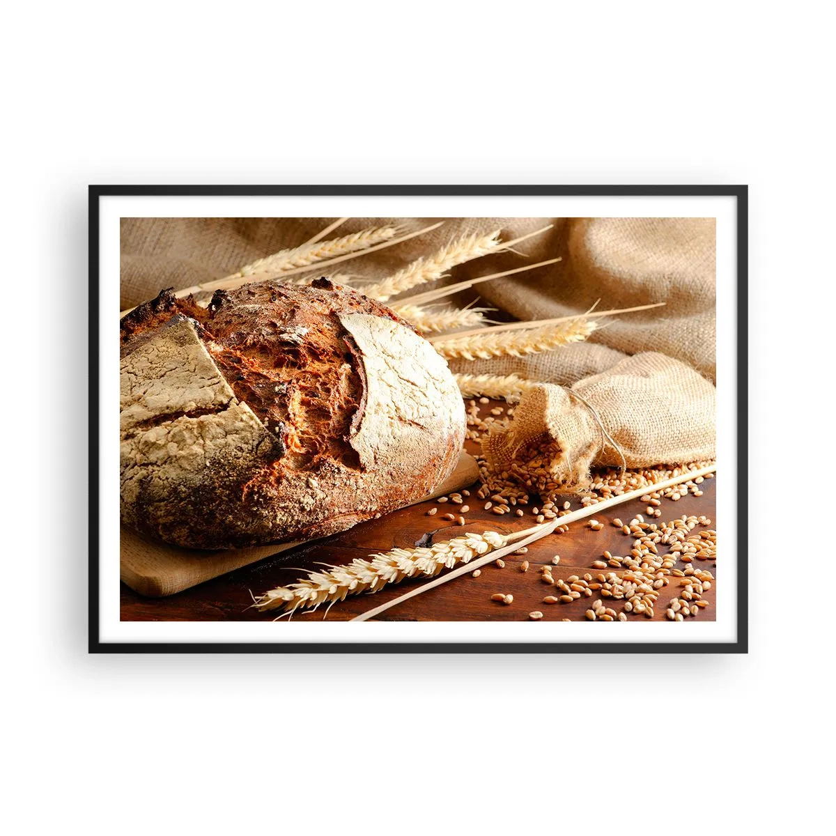 Póster en marco negro - Pan crujiente con cereales y espigas de trigo sobre un fondo de madera - 100x70cm - Apetitoso, fragante, crujiente - Decoración de pared moderna para salón y dormitorio ARTTOR