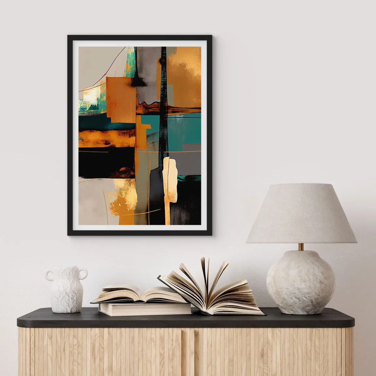 Póster en marco negro - Una composición abstracta en tonos dorados y turquesas. - 50x70cm - Abstracción: luces y sombras - Decoración de pared moderna para salón y dormitorio ARTTOR