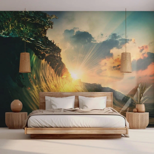 Fotomural Premium Canvas - Una ola con el sol poniente y nubes iluminadas. - 100x70cm - Surfer, ¿dónde estás? - Decoración de pared moderna para salón y dormitorio ARTTOR