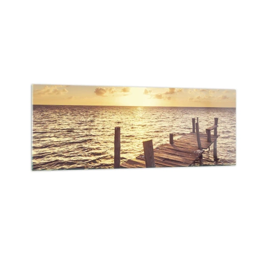 Cuadro sobre vidrio - Impresiones sobre Vidrio - Un embarcadero de madera que conduce hacia la puesta del sol. - 140x50cm - Una tierra dorada de dulzura - Decoración de pared moderna para salón y dormitorio ARTTOR