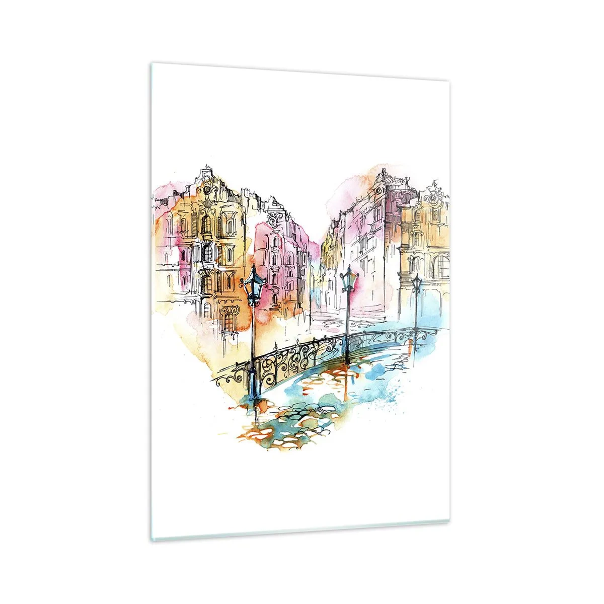 Cuadro sobre vidrio - Impresiones sobre Vidrio - Casas de vecindad románticas con un puente en forma de corazón, acuarela - 50x70cm - El corazón de la ciudad - Decoración de pared moderna para salón y dormitorio ARTTOR