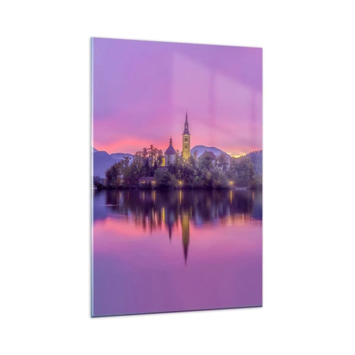 Cuadro sobre vidrio - Impresiones sobre Vidrio - Lago con una isla y una iglesia al atardecer - 80x120cm - Isla de cuento de hadas al atardecer - Decoración de pared moderna para salón y dormitorio ARTTOR