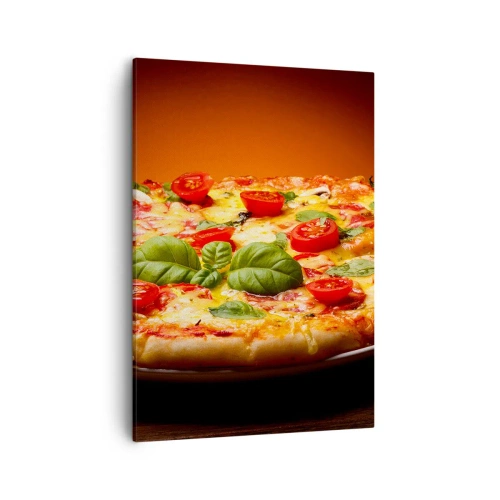 Cuadro sobre lienzo - Impresión de Imagen - Pizza con tomates y albahaca sobre una mesa de madera. - 50x70cm - ¡Mamma mia! - Decoración de pared moderna para salón y dormitorio ARTTOR