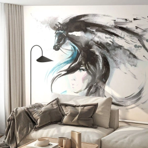 Fotomural Standard Eco - Una mujer y un caballo en una composición artística en blanco y negro. - 100x70cm - El galope del Príncipe Negro - Decoración de pared moderna para salón y dormitorio ARTTOR