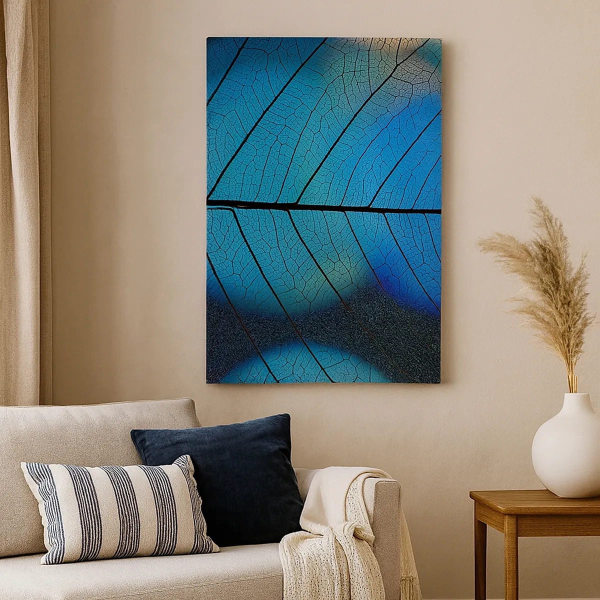 Cuadro sobre lienzo - Impresión de Imagen - Primer plano de una hoja azul con detalle de vena visible - 50x70cm - Construcción intrincada - Decoración de pared moderna para salón y dormitorio ARTTOR