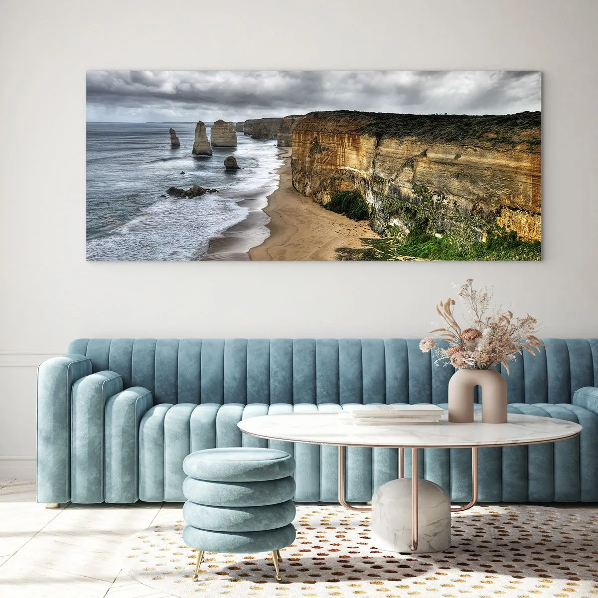 Cuadro sobre vidrio - Impresiones sobre Vidrio - Costa de acantilados con playa y formaciones rocosas - 160x50cm - Belleza en bruto - Decoración de pared moderna para salón y dormitorio ARTTOR