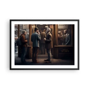 Póster en marco negro - Escena callejera con gente frente a un café retro. - 70x50cm - Un buen momento del día - Decoración de pared moderna para salón y dormitorio ARTTOR