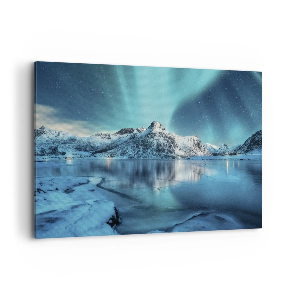 Cuadro sobre lienzo - Impresión de Imagen - Aurora boreal sobre montañas nevadas y un lago - 100x70cm - Una noche de luz - Decoración de pared moderna para salón y dormitorio ARTTOR