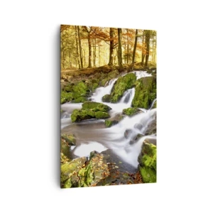 Cuadro sobre lienzo - Impresión de Imagen - Un paisaje boscoso con una cascada rodeada de musgo. - 80x120cm - Atravesando el bosque otoñal - Decoración de pared moderna para salón y dormitorio ARTTOR