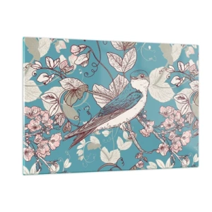Cuadro sobre vidrio - Impresiones sobre Vidrio - Un pájaro en una rama entre flores sobre un fondo turquesa. - 120x80cm - En el cerezo - Decoración de pared moderna para salón y dormitorio ARTTOR