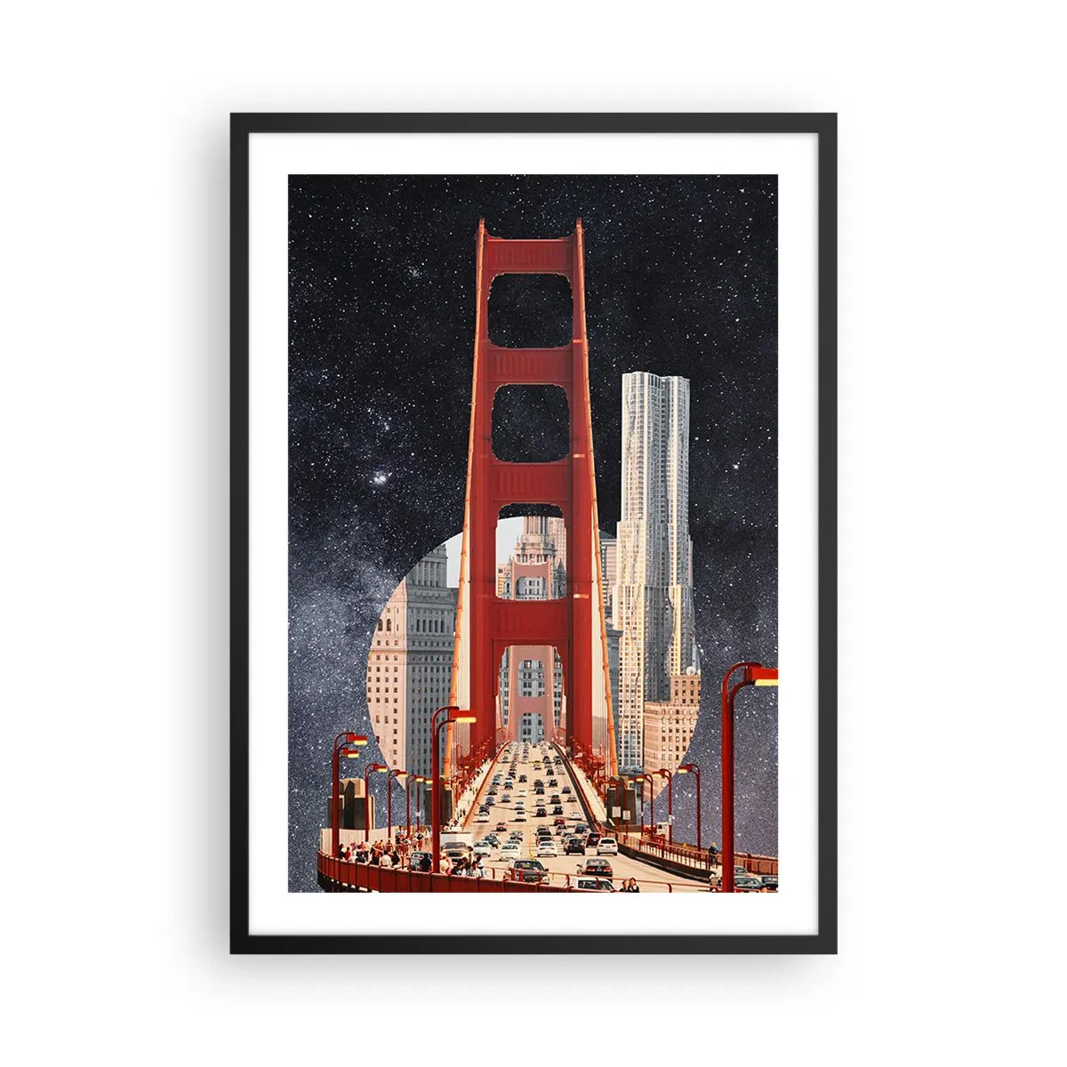 Póster en marco negro - Un puente y rascacielos contra el cielo estrellado. - 50x70cm - Siempre en el centro - Decoración de pared moderna para salón y dormitorio ARTTOR
