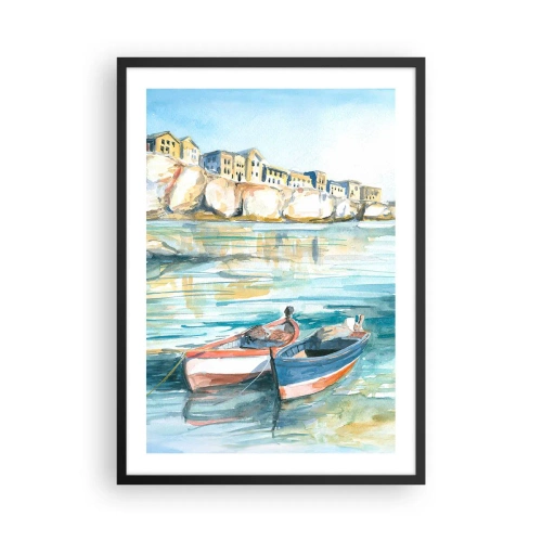 Póster en marco negro - Paisaje de acuarela con barcos en el agua y un pueblo costero. - 50x70cm - Paisaje en azul - Decoración de pared moderna para salón y dormitorio ARTTOR