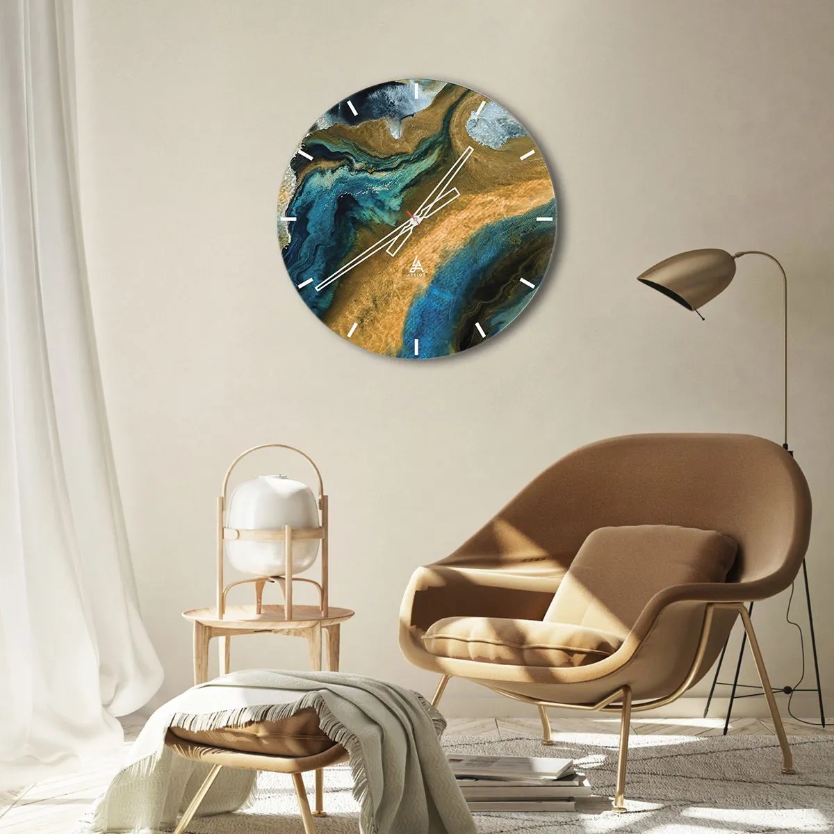 Reloj de pared - Reloj de vidrio - Azul - amarillo - influencia mutua - 40x40 cm