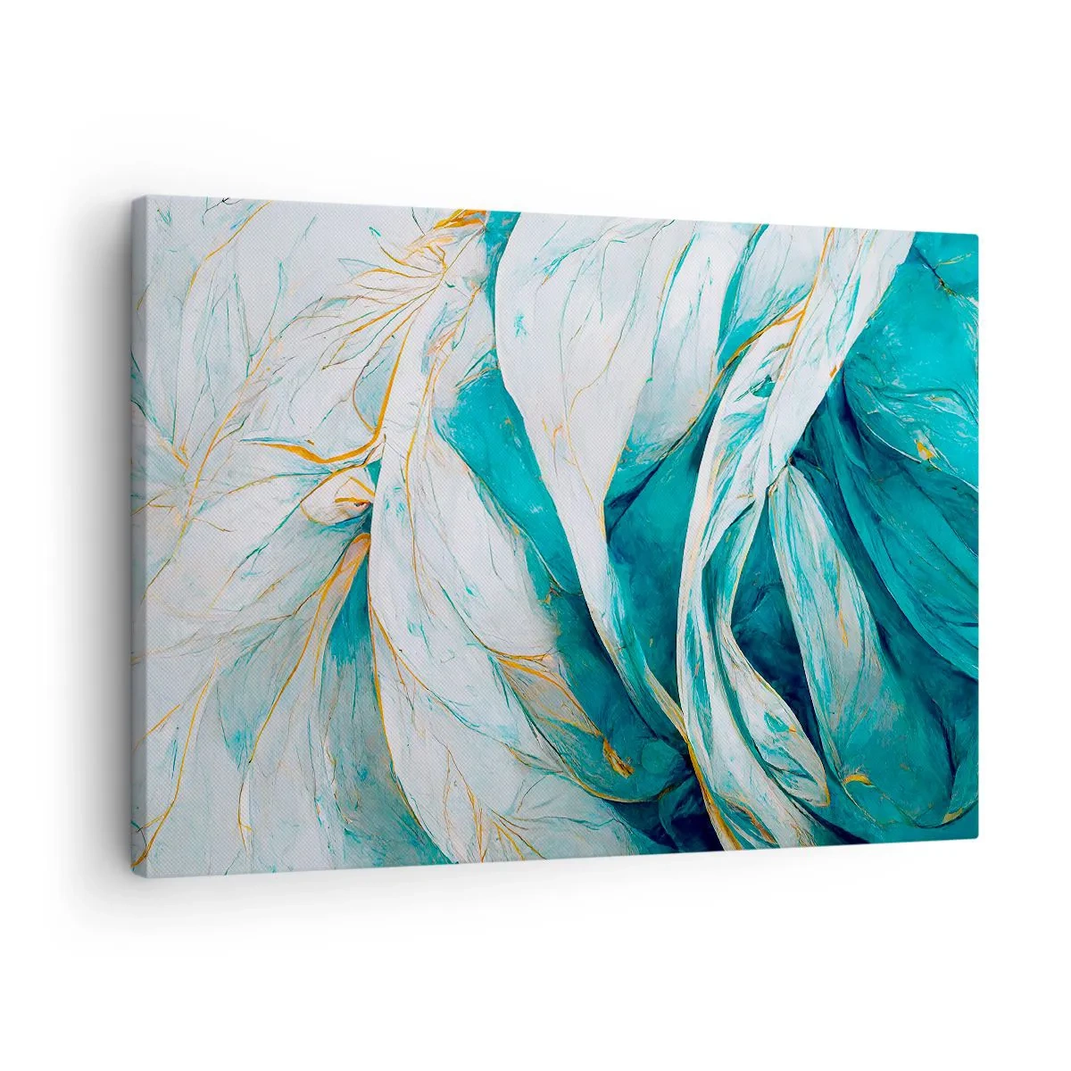 Cuadro sobre lienzo - Impresión de Imagen - Hojas azules abstractas con detalles dorados - 70x50cm - Abstracción azul con motivos dorados - Decoración de pared moderna para salón y dormitorio ARTTOR