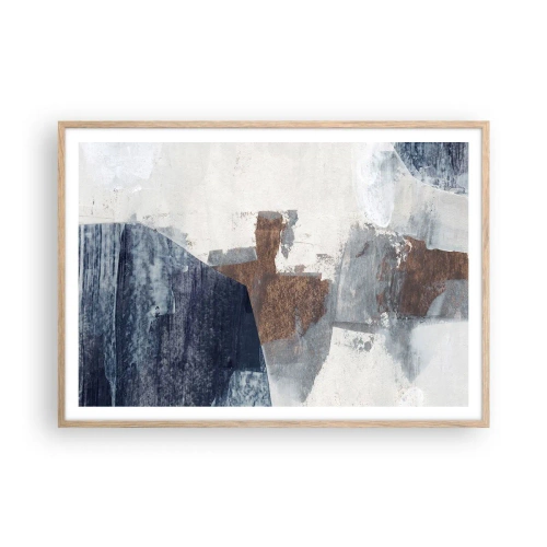 Póster en marco roble claro - Formas azules y marrones - 100x70 cm