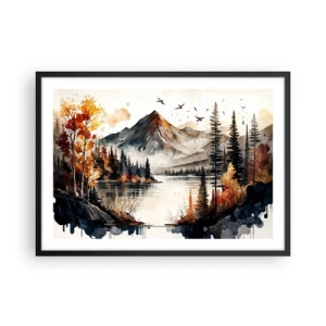 Póster en marco negro - Paisaje otoñal de montaña con lago y árboles en acuarela - 70x50cm - Otoño dorado en las montañas - Decoración de pared moderna para salón y dormitorio ARTTOR