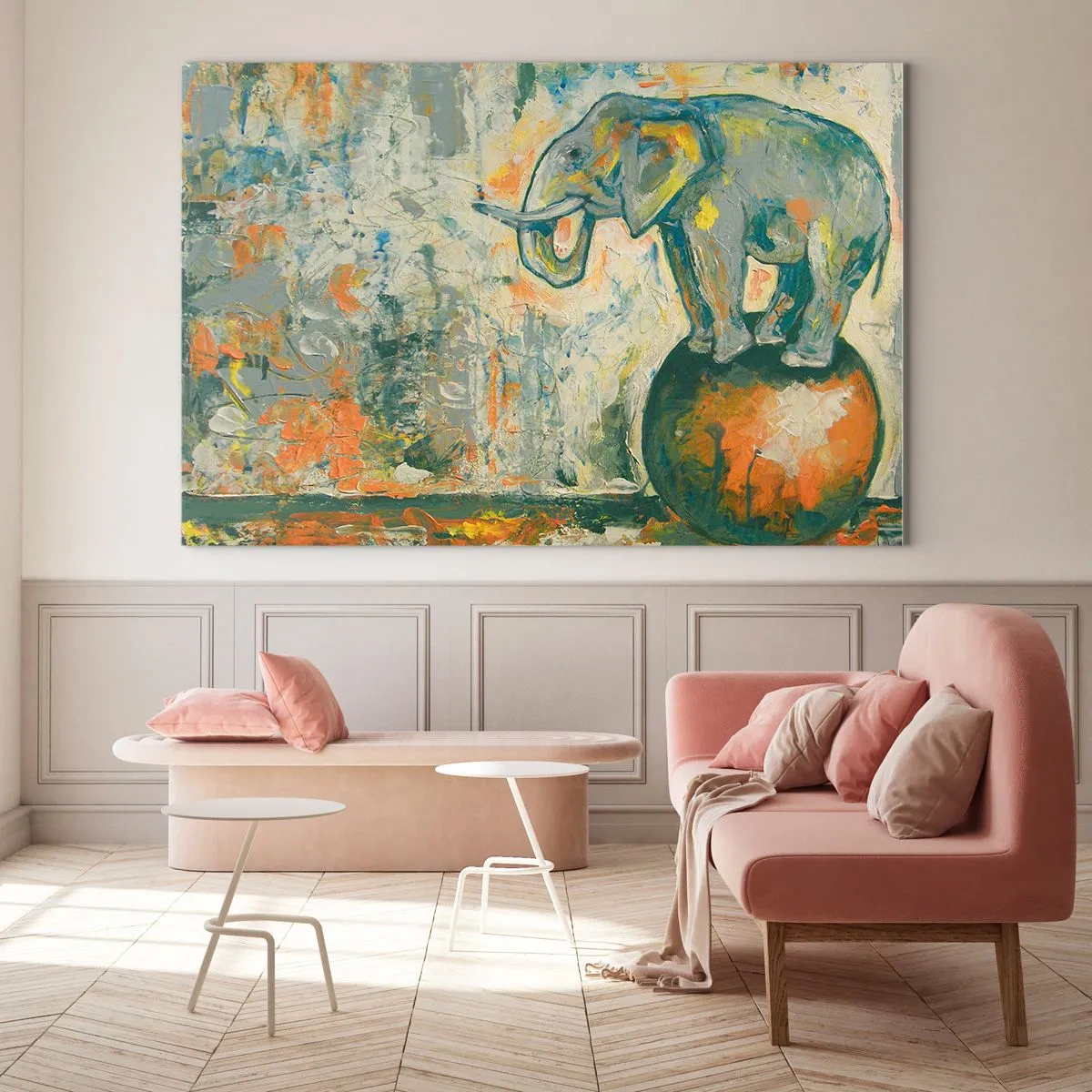 Cuadro sobre vidrio - Impresiones sobre Vidrio - Elefante abstracto en equilibrio sobre una pelota - 70x50cm - ¡Viva el circo! - Decoración de pared moderna para salón y dormitorio ARTTOR
