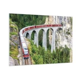 Cuadro sobre vidrio - Impresiones sobre Vidrio - Un tren con un puente de montaña al fondo entre paisajes verdes. - 100x70cm - Atravesando las montañas - Decoración de pared moderna para salón y dormitorio ARTTOR