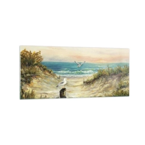 Cuadro sobre vidrio - Impresiones sobre Vidrio - Costa con gaviotas y dunas al atardecer - 120x50cm - Un retiro ventoso - Decoración de pared moderna para salón y dormitorio ARTTOR