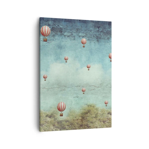 Cuadro sobre lienzo - Impresión de Imagen - Globos retro contra un cielo azul y un fondo verde. - 50x70cm - Libre del ajetreo de la vida - Decoración de pared moderna para salón y dormitorio ARTTOR