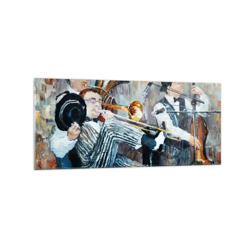 Cuadro sobre vidrio - Impresiones sobre Vidrio - Músicos de jazz en estilo pictórico durante un concierto. - 120x50cm - Todo ese jazz - Decoración de pared moderna para salón y dormitorio ARTTOR