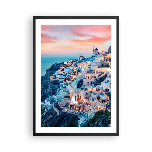 Póster en marco negro - Vista pintoresca de las casas iluminadas en Santorini al atardecer - 50x70cm - Vacaciones en Grecia - Decoración de pared moderna para salón y dormitorio ARTTOR