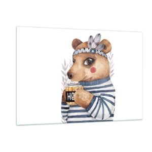 Cuadro sobre vidrio - Impresiones sobre Vidrio - Un osito de peluche rayado con una taza de miel y plumas. - 120x80cm - Dulce oso - Decoración de pared moderna para salón y dormitorio ARTTOR