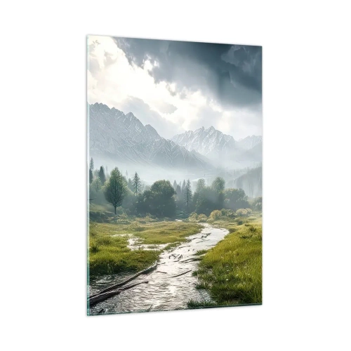 Cuadro sobre vidrio - Impresiones sobre Vidrio - Un paisaje de montaña con un arroyo y un valle verde por la mañana. - 50x70cm - De ida y vuelta - Decoración de pared moderna para salón y dormitorio ARTTOR