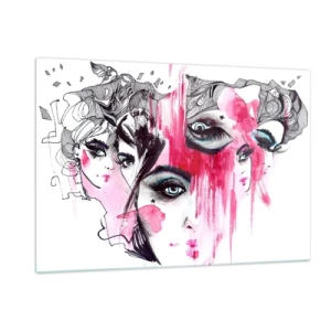 Cuadro sobre vidrio - Impresiones sobre Vidrio - Rostros femeninos abstractos con acentos rosas en un estilo de boceto. - 120x80cm - Ojos abstractos - Decoración de pared moderna para salón y dormitorio ARTTOR