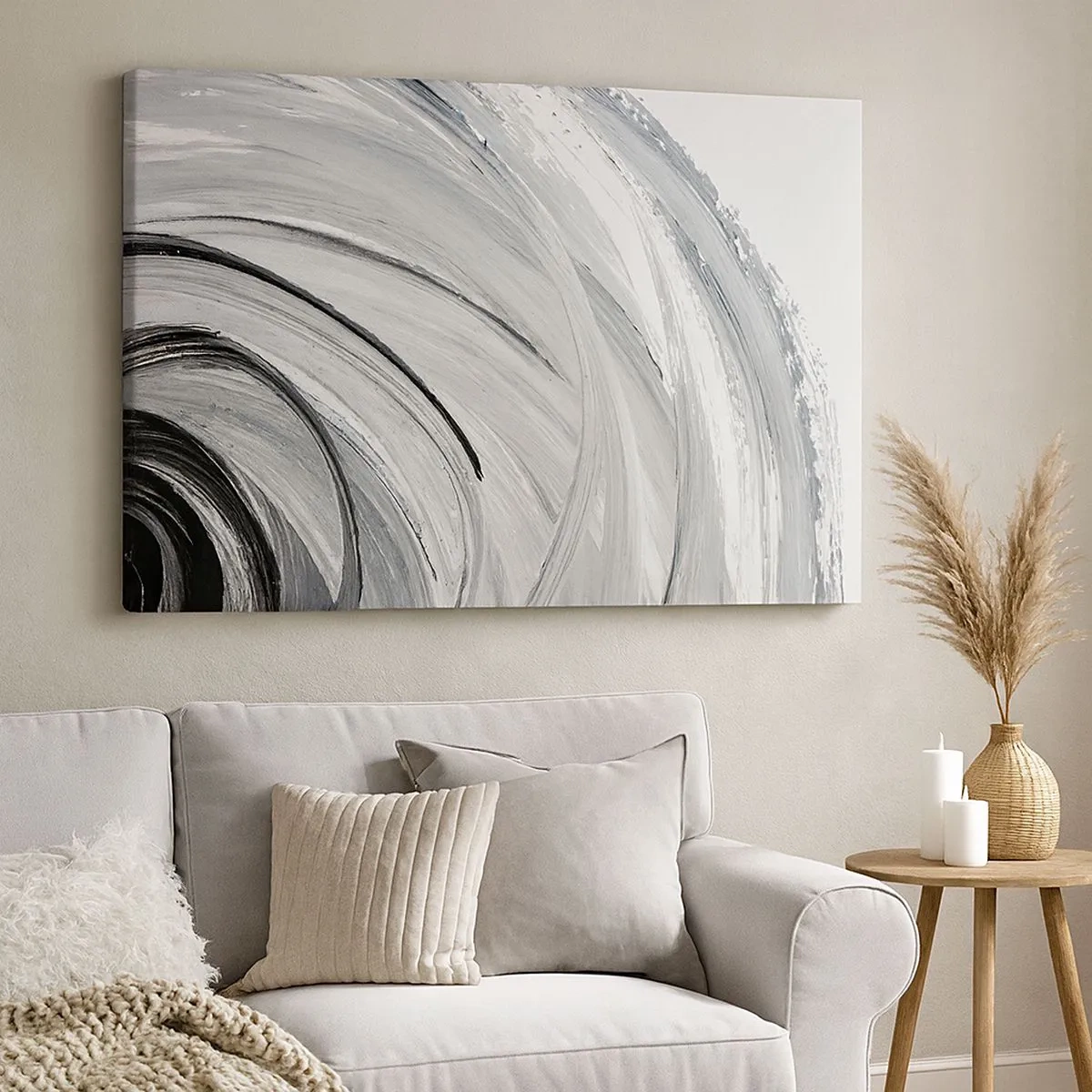 Cuadro sobre lienzo - Impresión de Imagen - Un remolino monocromático en tonos de gris y negro. - 70x50cm - Composición orbital - Decoración de pared moderna para salón y dormitorio ARTTOR