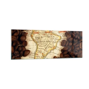 Cuadro sobre vidrio - Impresiones sobre Vidrio - Un mapa de Sudamérica rodeado de granos de café. - 140x50cm - ¿De dónde viene el mejor café? - Decoración de pared moderna para salón y dormitorio ARTTOR