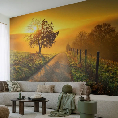Fotomural Premium Sand - Un camino entre los campos al atardecer. - 100x70cm - Tarde melosa - Decoración de pared moderna para salón y dormitorio ARTTOR