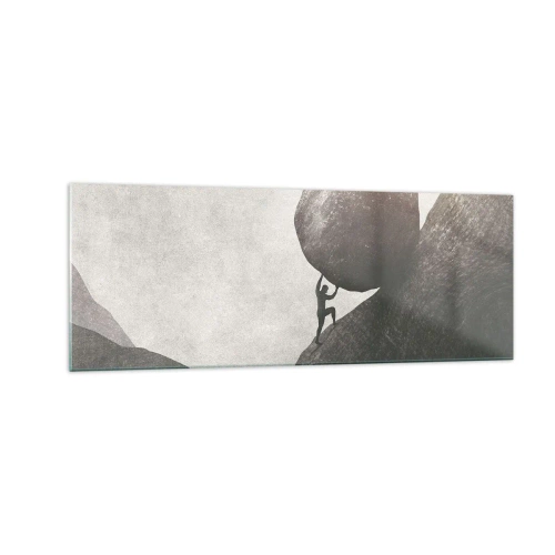 Cuadro sobre vidrio - Impresiones sobre Vidrio - Un hombre trepando una enorme roca por una colina. - 140x50cm - Creo, contra toda esperanza - Decoración de pared moderna para salón y dormitorio ARTTOR