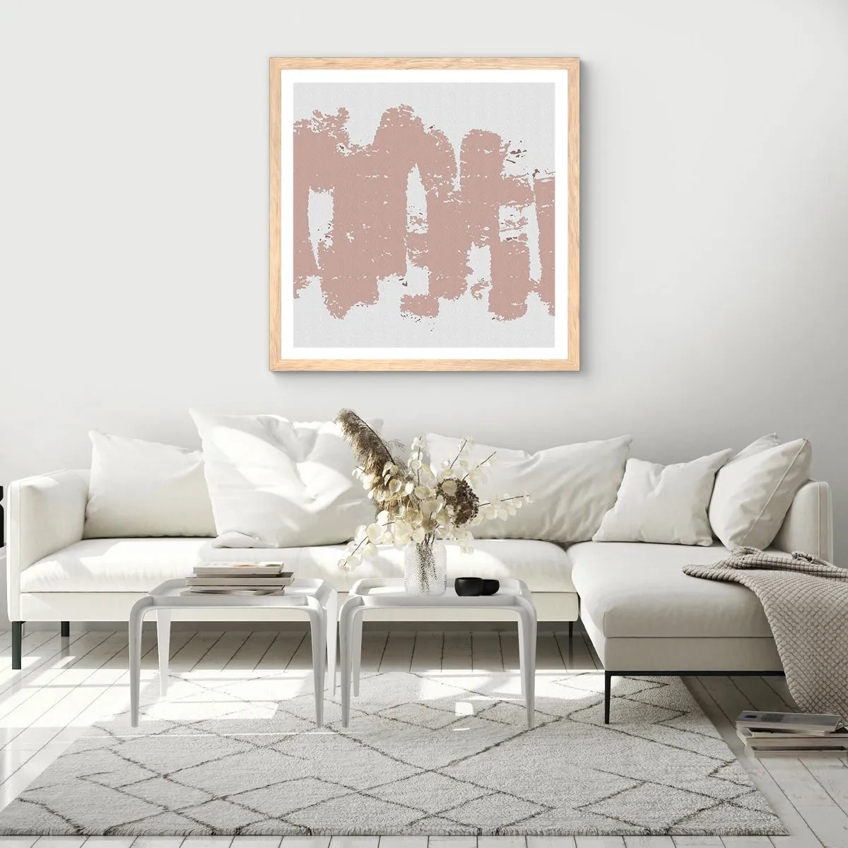 Póster en marco roble claro - Abstracción en rosa suave - 40x40 cm