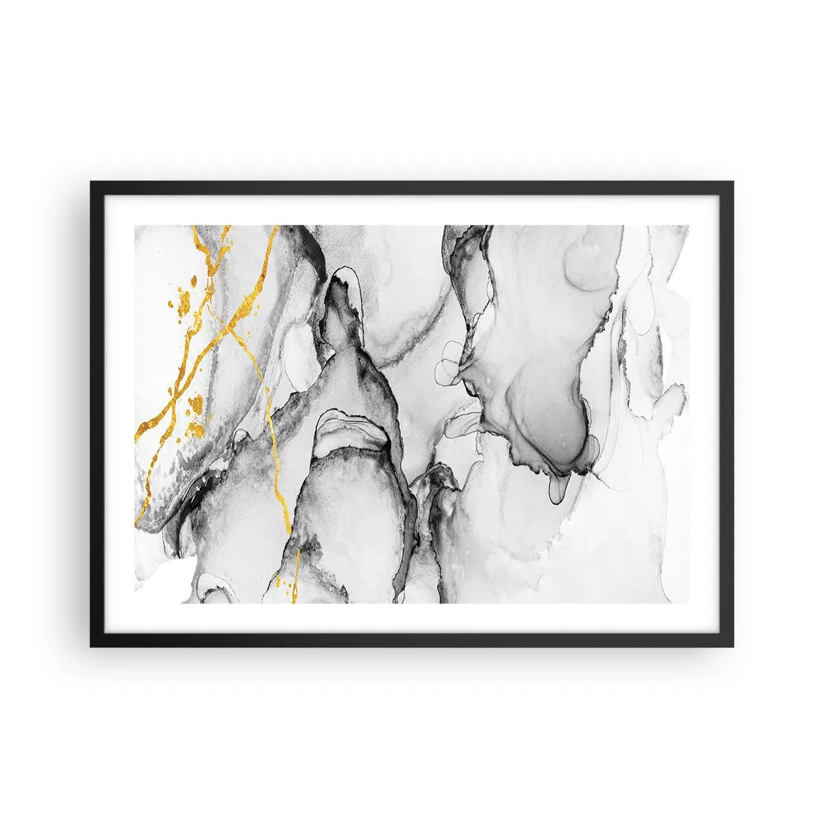 Póster en marco negro - Patrones abstractos en blanco y negro con acentos dorados - 70x50cm - Composición con motivo de oro - Decoración de pared moderna para salón y dormitorio ARTTOR