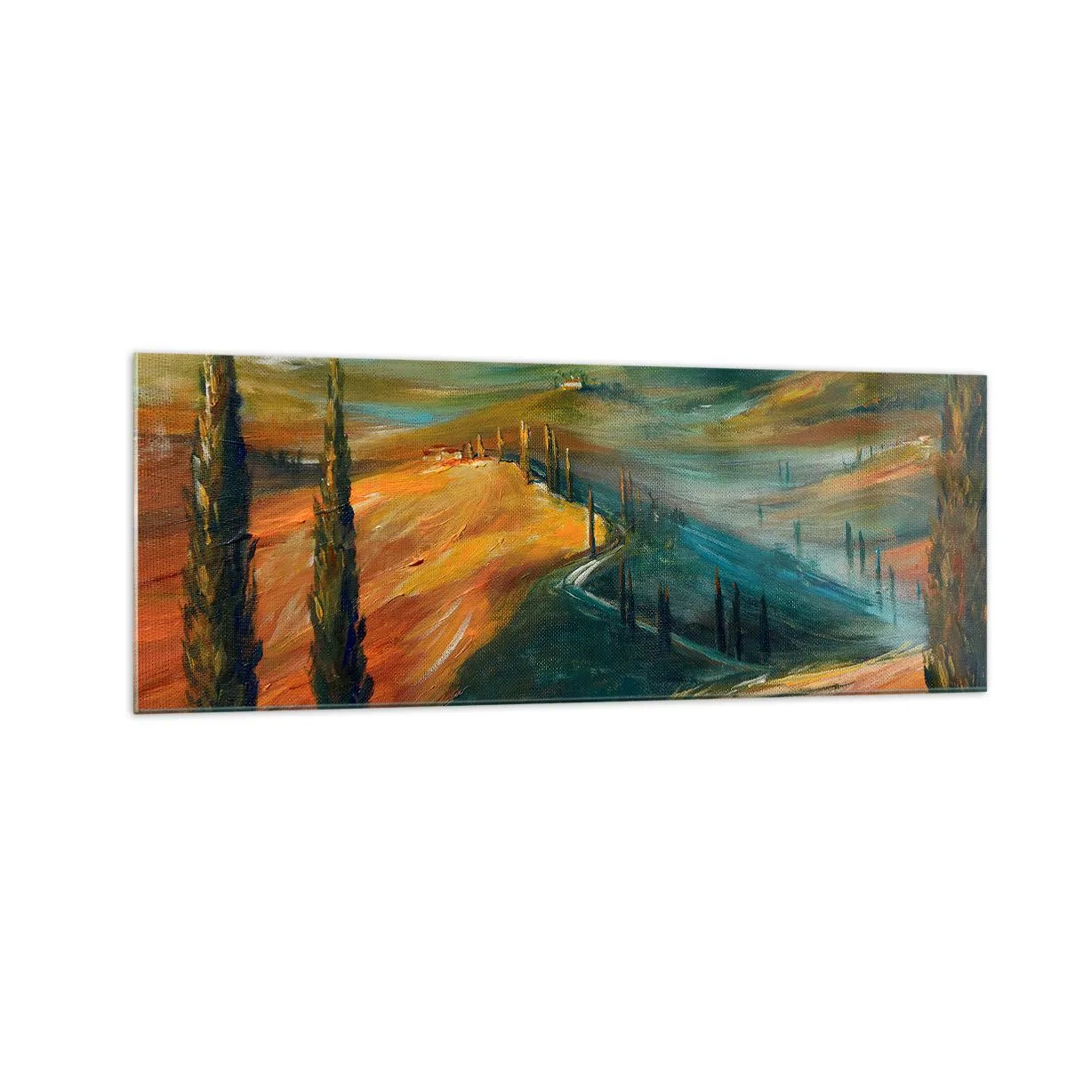 Cuadro sobre vidrio - Impresiones sobre Vidrio - Paisaje toscano con campos, camino y cipreses. - 140x50cm - Paisaje toscano - Decoración de pared moderna para salón y dormitorio ARTTOR