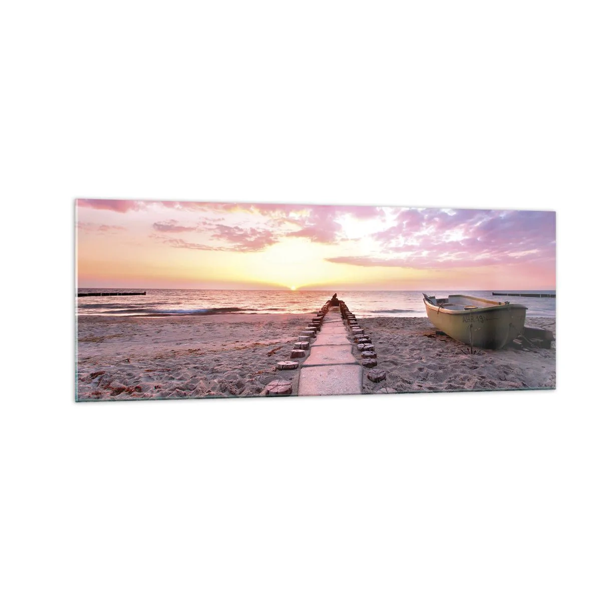 Cuadro sobre vidrio - Impresiones sobre Vidrio - Playa al amanecer con barco y muelle - 140x50cm - Un momento de profunda experiencia - Decoración de pared moderna para salón y dormitorio ARTTOR